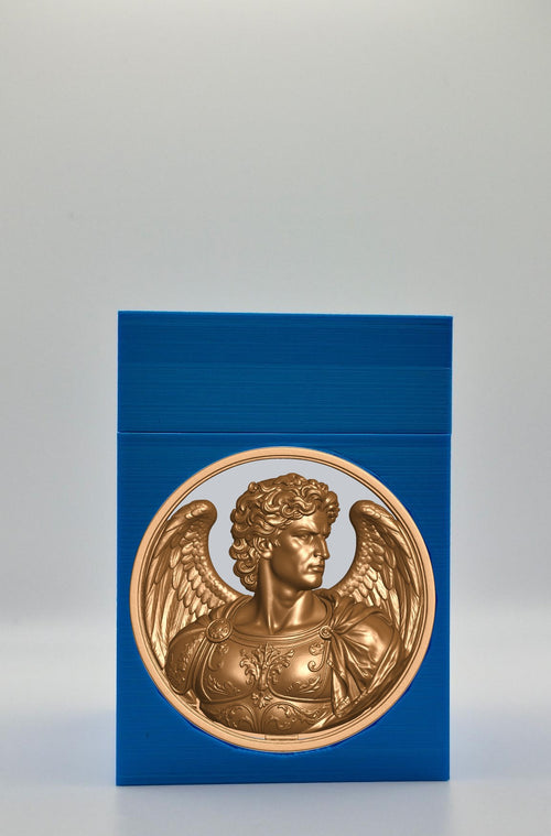 Angel Card Box - Blue Plain box with Silver background and Gold medallion