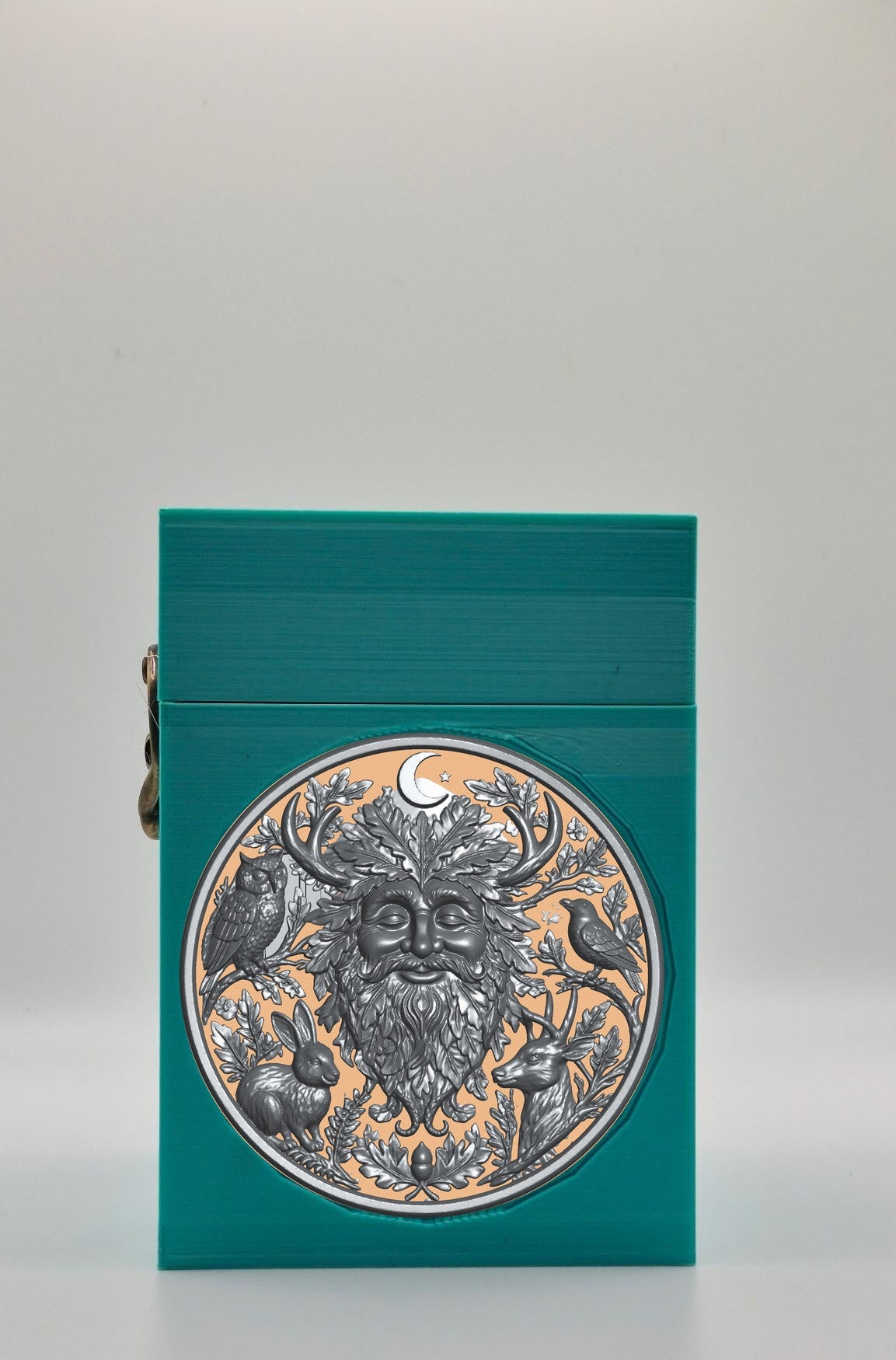 Tree Spirit Card Box - Green Plain box with Gold background and Silver medallion