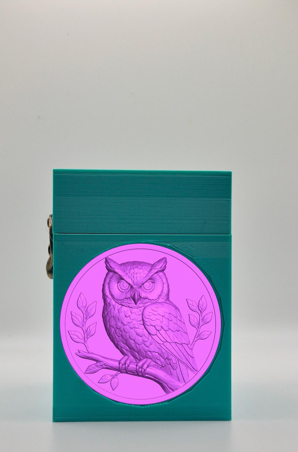 Owl Card Box - Green Plain box with Purple background and Purple medallion