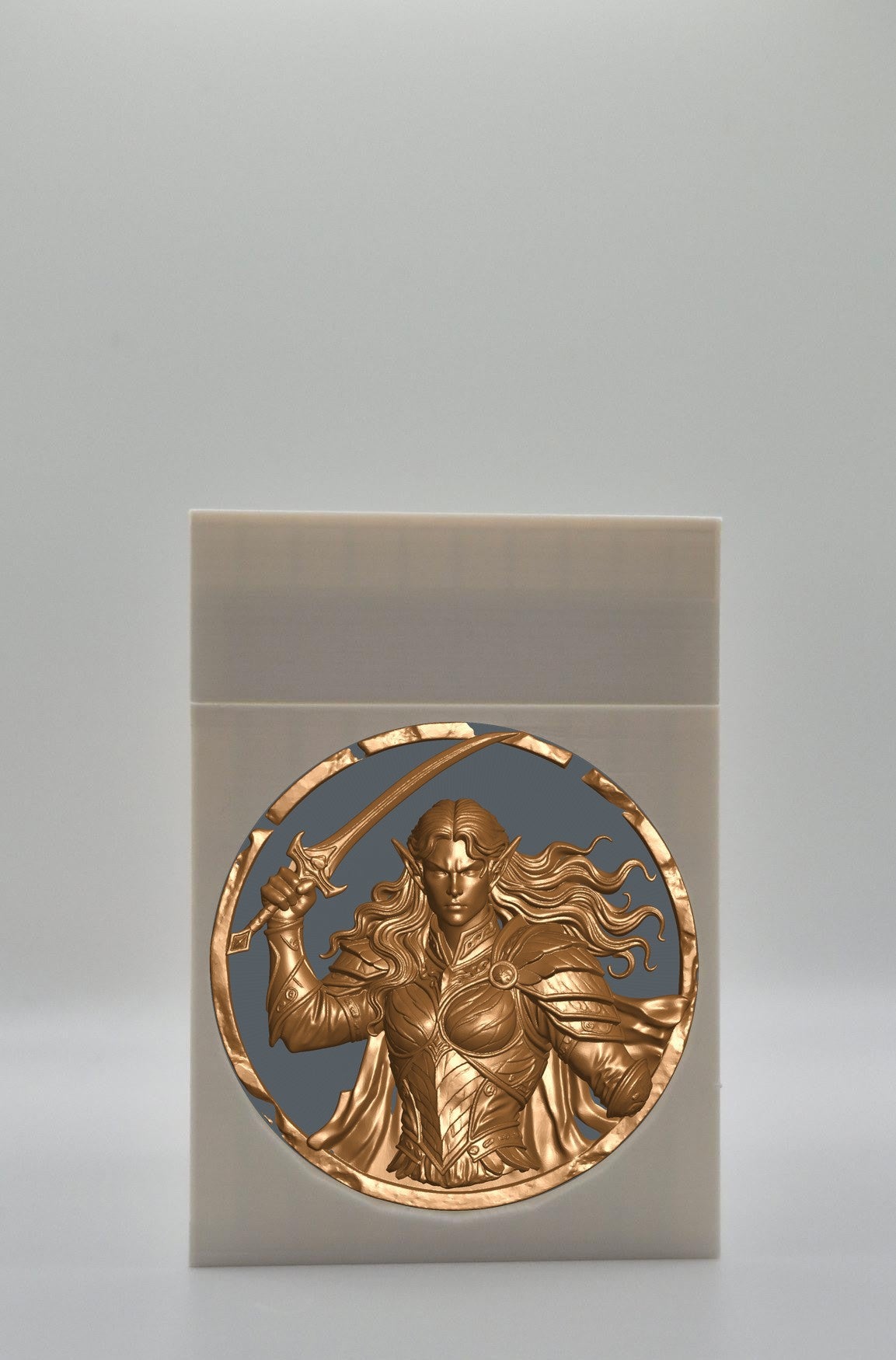 Elvish Warrior Card Box - White Plain box with Black background and Gold medallion